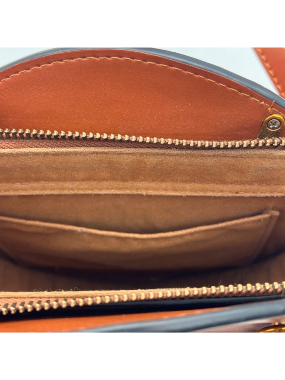 Round Leather Crossbody Bag With Gold Handles And Adjustable Strap Brown & Suede - Picture 8 of 14